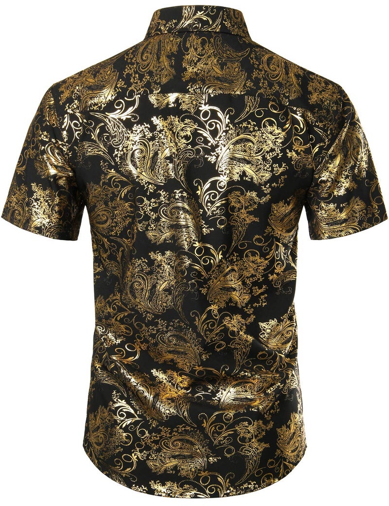 ZEROYAA Men's Luxury Paisley Shiny Stylish Slim Fit Short Sleeve Button Up Dress Shirt ZLCL23 Black Gold Medium - Image 2